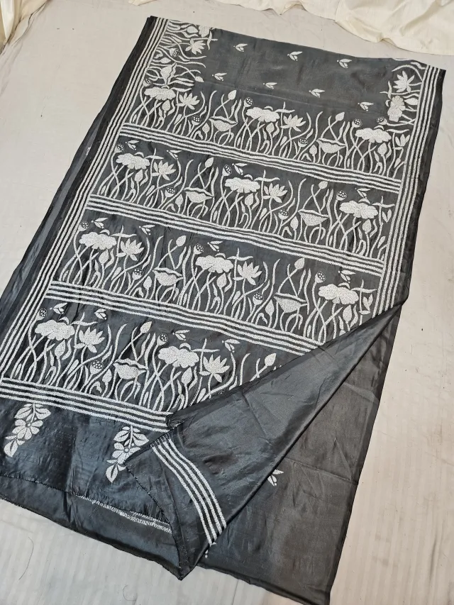 Jet Black Blended Bangalore Silk Saree with All-Over White Hand Embroidered Kantha Stitch Lotus Pond Registers Pallu