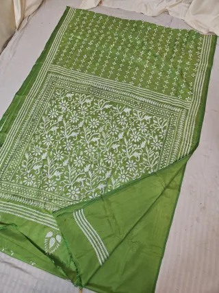 Parrot Green Blended Bangalore Silk Saree with All-Over White Hand Embroidered Kantha Stitch Botanical Garden Pallu