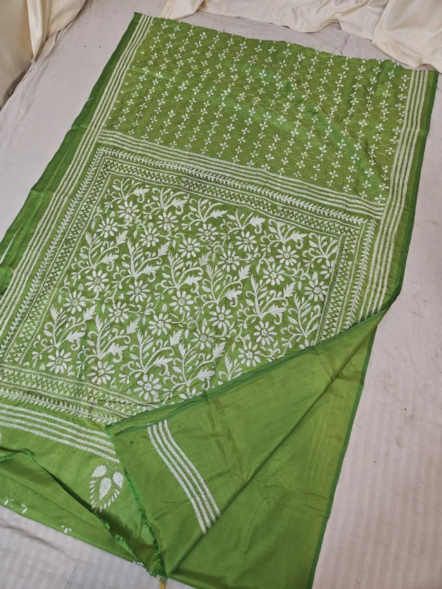 Parrot Green Blended Bangalore Silk Saree with All-Over White Hand Embroidered Kantha Stitch Botanical Garden Pallu