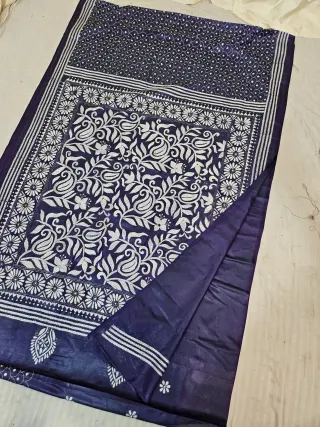 Midnight Navy Blue Blended Bangalore Silk Saree with All-Over White Hand Embroidered Kantha Stitch Paisley & Floral Garden Pallu