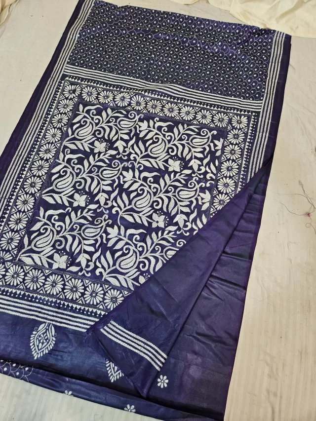 Midnight Navy Blue Blended Bangalore Silk Saree with All-Over White Hand Embroidered Kantha Stitch Paisley & Floral Garden Pallu