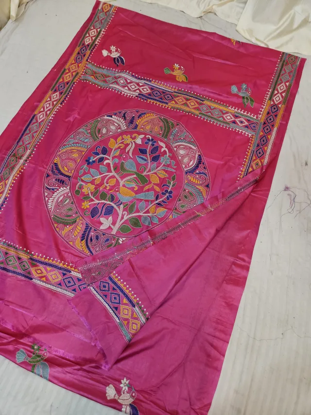 Rani Pink Blended Bangalore Silk Saree with Multicolour Hand Embroidered Kantha Stitch Bird Tree of Life Mandala Pallu