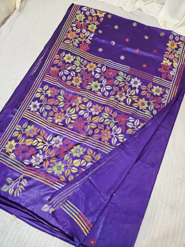 Royal Purple Blended Bangalore Silk Saree with Multicolour Hand Embroidered Kantha Stitch Wildflower Registers Pallu