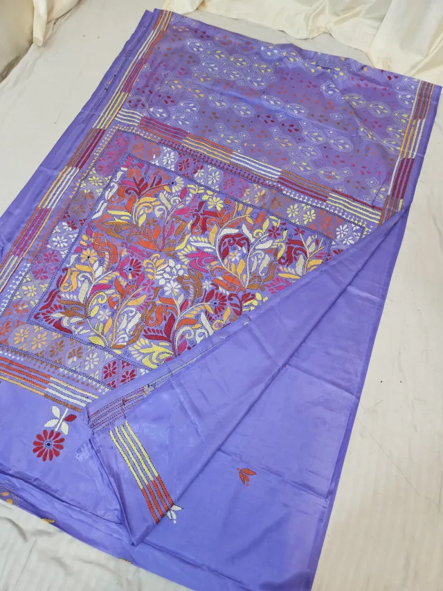 Lavender Blended Bangalore Silk Saree with Multicolour Hand Embroidered Kantha Stitch Botanical Garden Tapestry Pallu