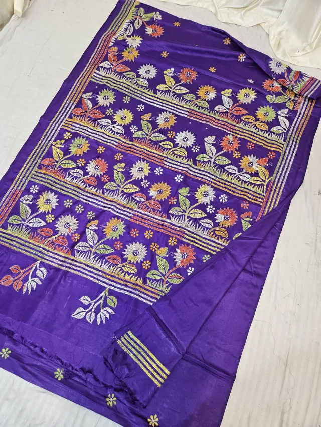Royal Purple Blended Bangalore Silk Saree with Multicolour Hand Embroidered Kantha Stitch Daisy Flowerbed Registers Pallu