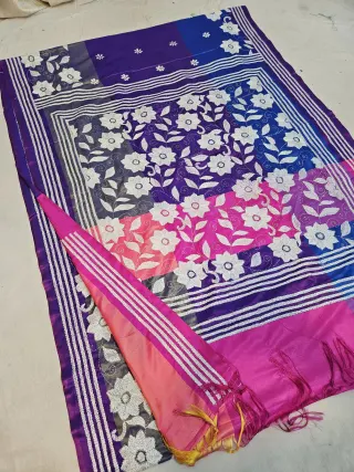 Royal Purple Blended Bangalore Silk Saree with White Hand Embroidered 3D Kantha Stitch Multi-Block Floral Pallu