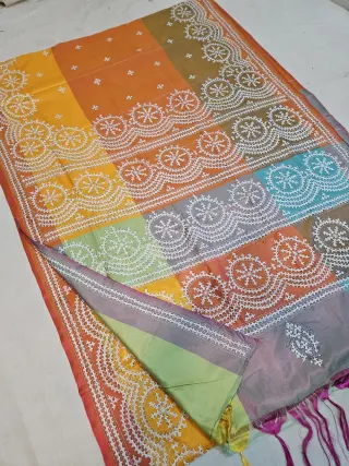 Rust Orange Blended Bangalore Silk Saree with White Hand Embroidered 3D Kantha Stitch Multi-Block Scallop Wheel Pallu