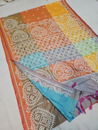 Rust Orange Blended Bangalore Silk Saree with White Hand Embroidered 3D Kantha Stitch Multi-Block Heart Medallion Pallu