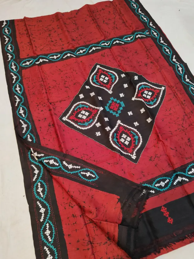 Crimson Red & Black Pure Murshidabad Silk Saree with Hand Batik & Kantha Stitch Geometric Mandala Pallu