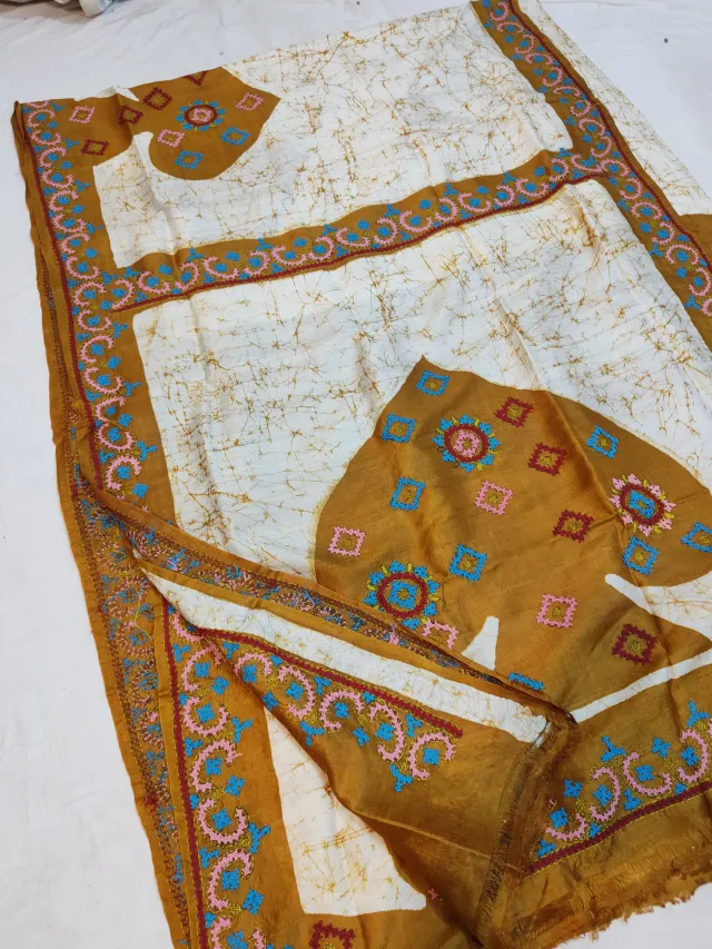 Off-White & Mustard Brown Pure Murshidabad Silk Saree with Hand Batik & Kantha Stitch Circular Medallion Pallu