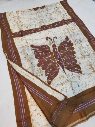 Off-White & Brown Pure Murshidabad Silk Saree with Hand Batik & Kantha Stitch Butterfly Motif Pallu