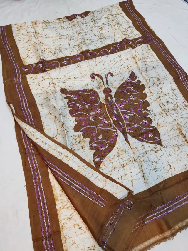 Off-White & Brown Pure Murshidabad Silk Saree with Hand Batik & Kantha Stitch Butterfly Motif Pallu
