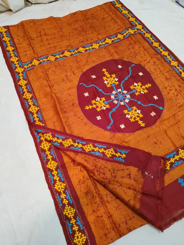 Rust Orange & Maroon Pure Murshidabad Silk Saree with Hand Batik & Kantha Stitch Sunburst Medallion Pallu