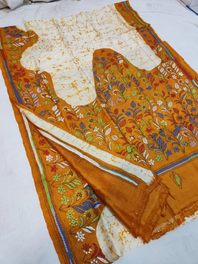 Off-White & Golden Mustard Pure Murshidabad Silk Saree with Hand Batik & Kantha Stitch Botanical Branch Pallu