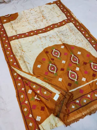 Off-White & Golden Mustard Pure Murshidabad Silk Saree with Hand Batik & Kantha Stitch Teardrop Medallion Pallu