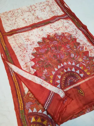 Off-White & Scarlet Red Pure Murshidabad Silk Saree with Hand Batik & Kantha Stitch Floral Sunburst Medallion Pallu