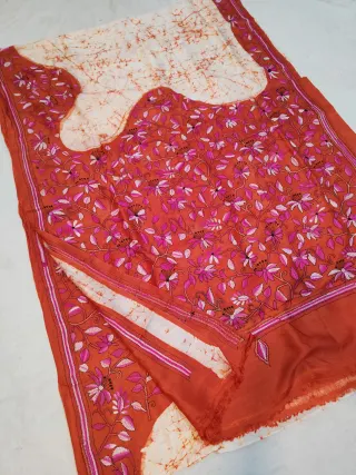 Off-White & Coral Vermilion Pure Murshidabad Silk Saree with Hand Batik & Kantha Stitch Floral Garden Pallu