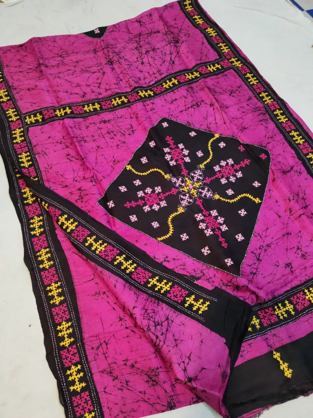 Rani Pink & Black Pure Murshidabad Silk Saree with Hand Batik & Kantha Stitch Geometric Star Medallion Pallu
