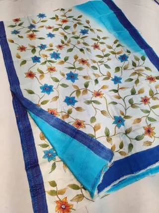 Off-White & Royal Blue Pure Murshidabad Silk Saree with Hand Painted Floral Vine & Kantha Stitch Jaal