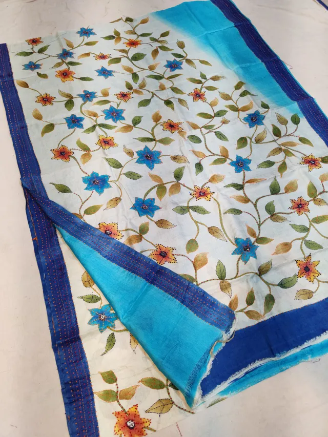 Off-White & Royal Blue Pure Murshidabad Silk Saree with Hand Painted Floral Vine & Kantha Stitch Jaal