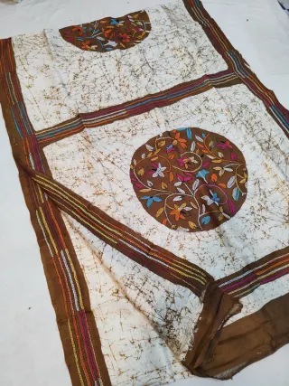 Off-White & Chocolate Brown Pure Murshidabad Silk Saree with Hand Batik & Kantha Stitch Circular Botanical Medallion Pallu