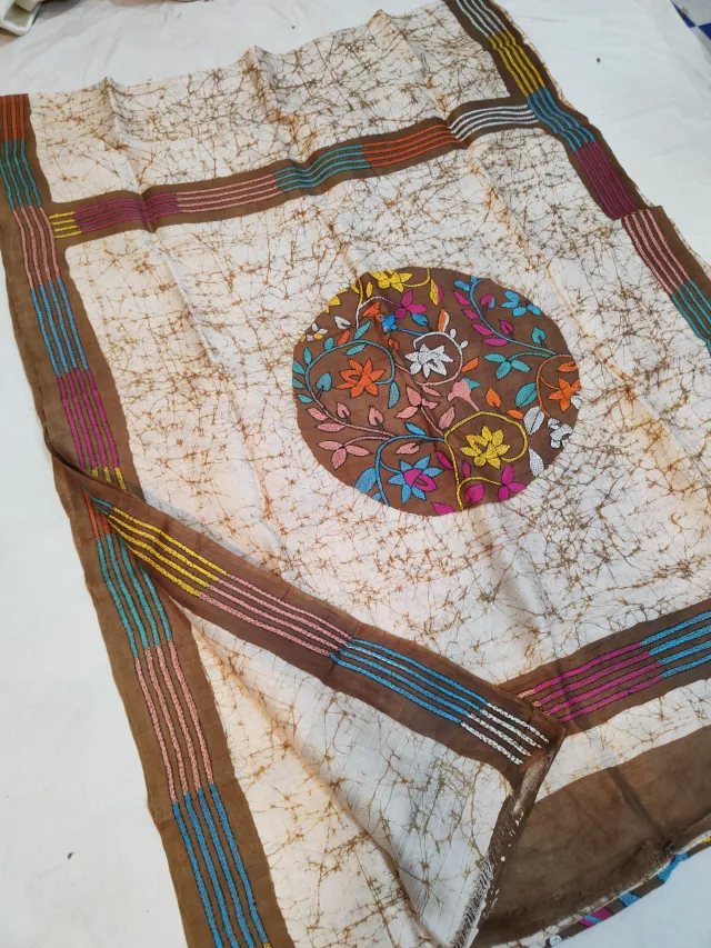 Off-White & Chocolate Brown Pure Murshidabad Silk Saree with Hand Batik & Kantha Stitch Circular Floral Bouquet Pallu