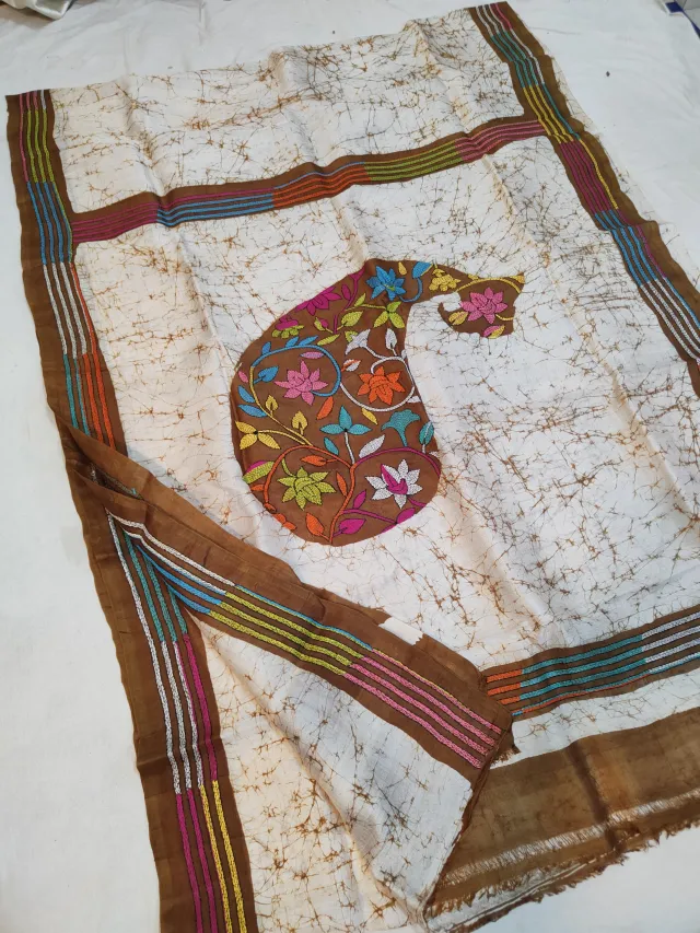 Off-White & Chocolate Brown Pure Murshidabad Silk Saree with Hand Batik & Kantha Stitch Mango Kalka Paisley Pallu
