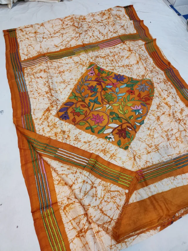 Off-White & Golden Mustard Pure Murshidabad Silk Saree with Hand Batik & Kantha Stitch Diamond Botanical Pallu