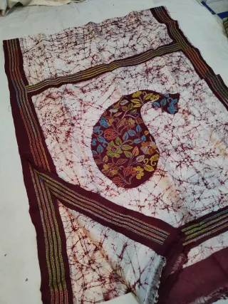 Off-White & Deep Maroon Pure Murshidabad Silk Saree with Hand Batik & Kantha Stitch Mango Kalka Paisley Pallu