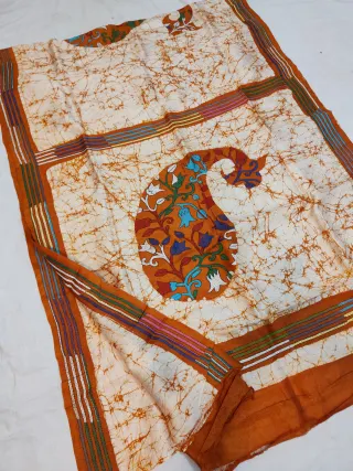 Off-White & Rust Terracotta Pure Murshidabad Silk Saree with Hand Batik & Kantha Stitch Mango Kalka Paisley Pallu