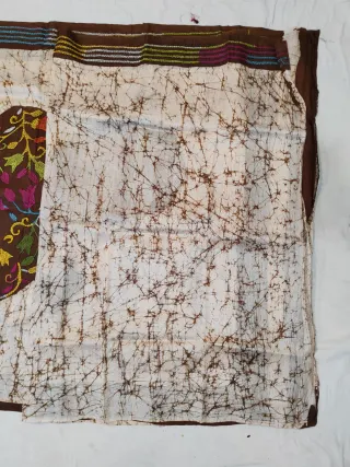 Off-White & Chocolate Brown Pure Murshidabad Silk Saree with Hand Batik & Kantha Stitch Botanical Floral Pallu