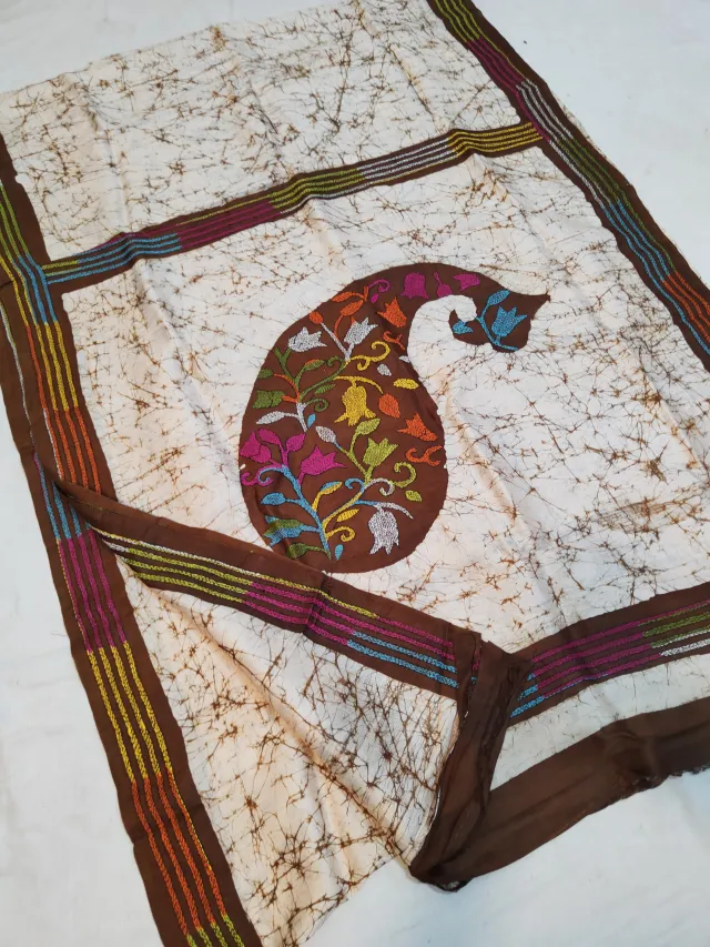Off-White & Chocolate Brown Pure Murshidabad Silk Saree with Hand Batik & Kantha Stitch Mango Kalka Paisley Pallu