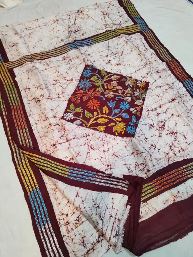 Off-White & Crimson Maroon Pure Murshidabad Silk Saree with Hand Batik & Kantha Stitch Diamond Botanical Pallu