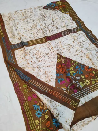 Off-White & Chocolate Brown Pure Murshidabad Silk Saree with Hand Batik & Kantha Stitch Triangular Botanical Pallu