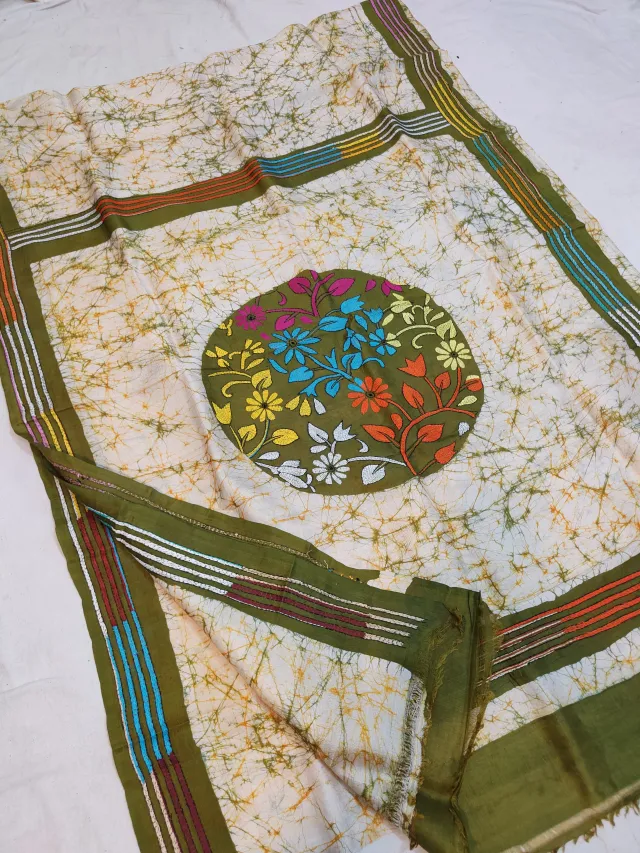 Off-White & Olive Green Pure Murshidabad Silk Saree with Hand Batik & Kantha Stitch Circular Floral Bouquet Pallu