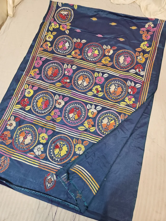 Teal Blue Blended Bangalore Silk Saree with Handcrafted Kantha Stitch Floral Chakra Pallu