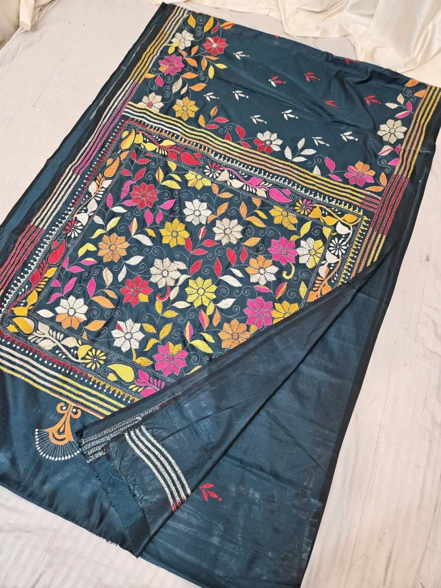 Deep Green Blended Bangalore Silk Saree with Handcrafted Kantha Stitch Floral Jaal Pallu