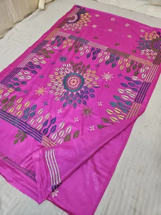 Hot Pink Blended Bangalore Silk Hand Kantha Stitch Mandala Pallu Saree