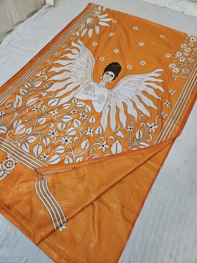 Marigold Orange Blended Bangalore Silk Hand Kantha Stitch Winged Fairy Motif Pallu Saree