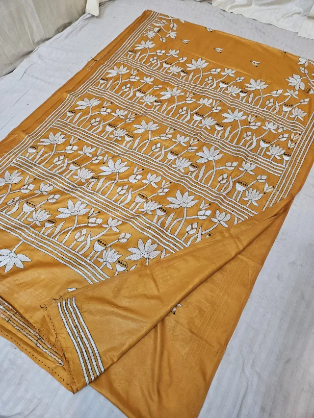 Orange Blended Bangalore Silk Hand Kantha Stitch Lotus Pond Pallu Saree