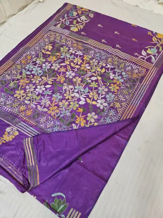 Purple Blended Bangalore Silk Hand Kantha Stitch Floral Garden Jaal Pallu Saree