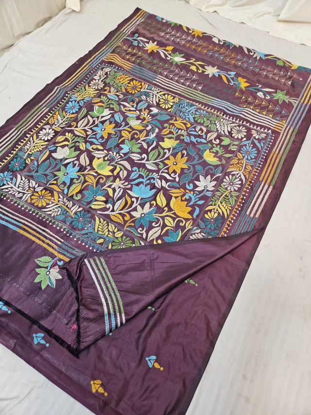 Wine Blended Bangalore Silk Hand Kantha Stitch Floral Garden Jaal Pallu Saree