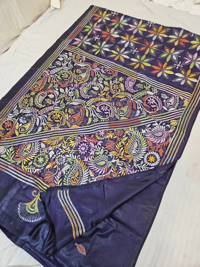 Midnight Blue Blended Bangalore Silk Hand Kantha Stitch Paisley Kalka Pallu Saree
