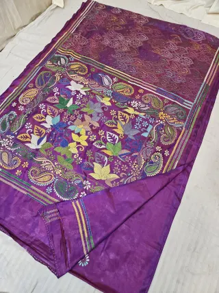Purple Dual Tone with Blue Blended Bangalore Silk Hand Kantha Stitch Birds and Kalka Pallu Saree