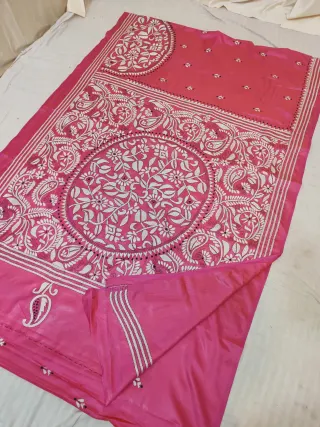 Rani Pink Blended Bangalore Silk Hand Kantha Stitch Mandala and Kalka Pallu Saree