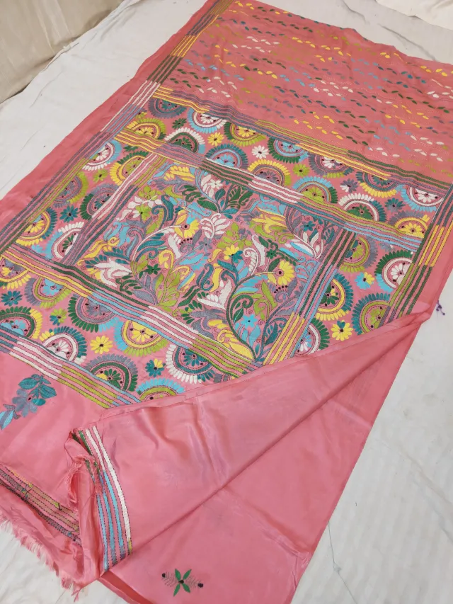 Pastel Pink Blended Bangalore Silk Hand Kantha Stitch Bird Garden and Arched Pallu Saree