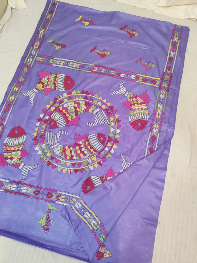 Lavender Blended Bangalore Silk Hand Kantha Stitch Swimming Fish Mandala Pallu Saree