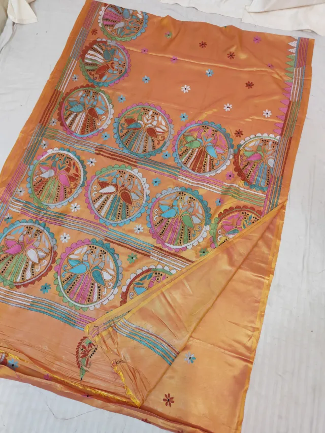 Peach Orange Blended Bangalore Silk Hand Kantha Stitch Peacock Medallion Pallu Saree