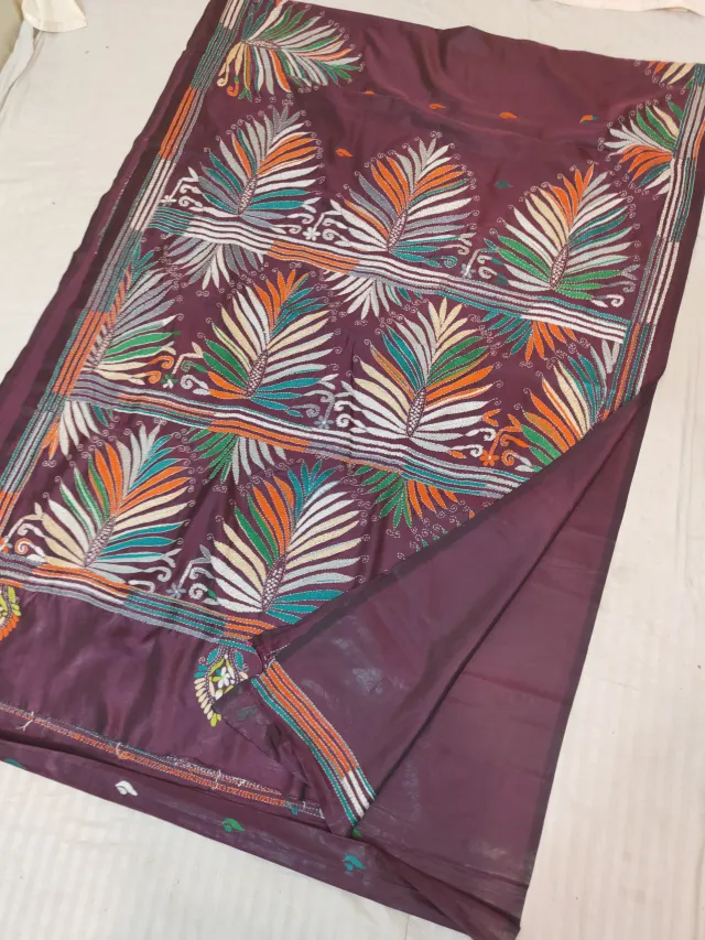 Chocolate Brown Blended Bangalore Silk Hand Kantha Stitch Palm Leaf Frond Pallu Saree