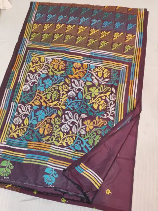 Chocolate Brown Blended Bangalore Silk Hand Kantha Stitch Floral Garden Jaal Pallu Saree